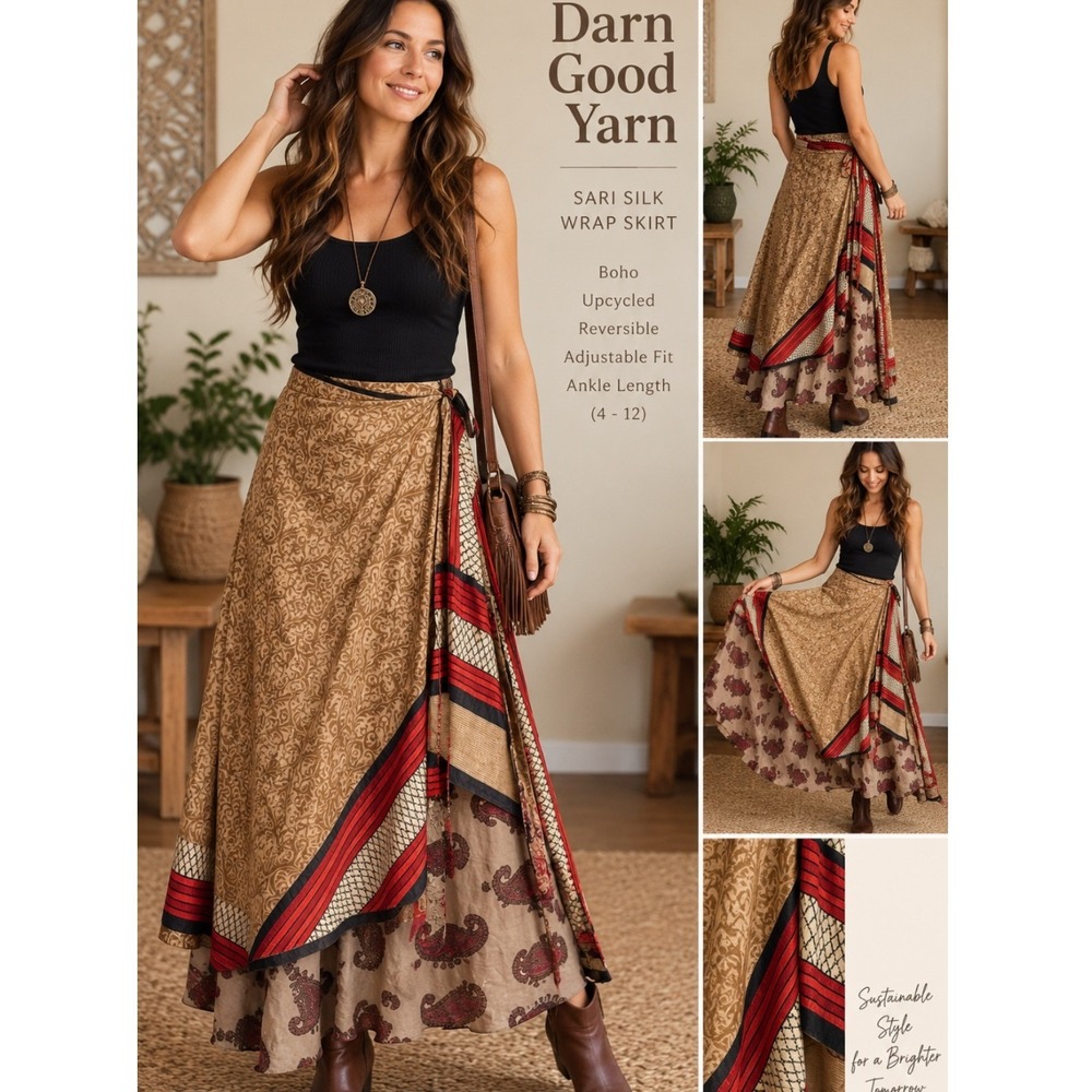 Darn Good Yarn Sari Silk Wrap Skirt Ankle Reversible Gold Red Paisley 4-12